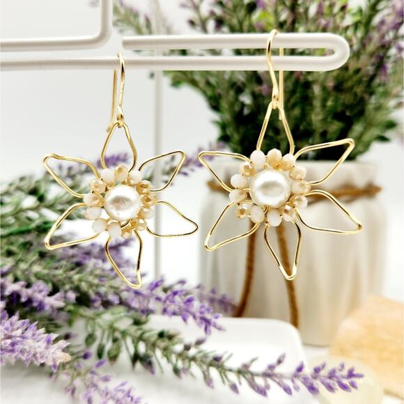 Gold Wire Flower Earrings - Picture 3 of 5